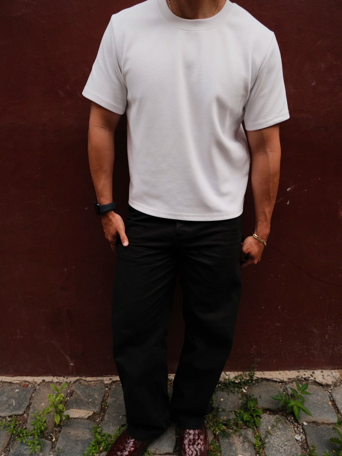 Model wearing the Essential White Tee, front view